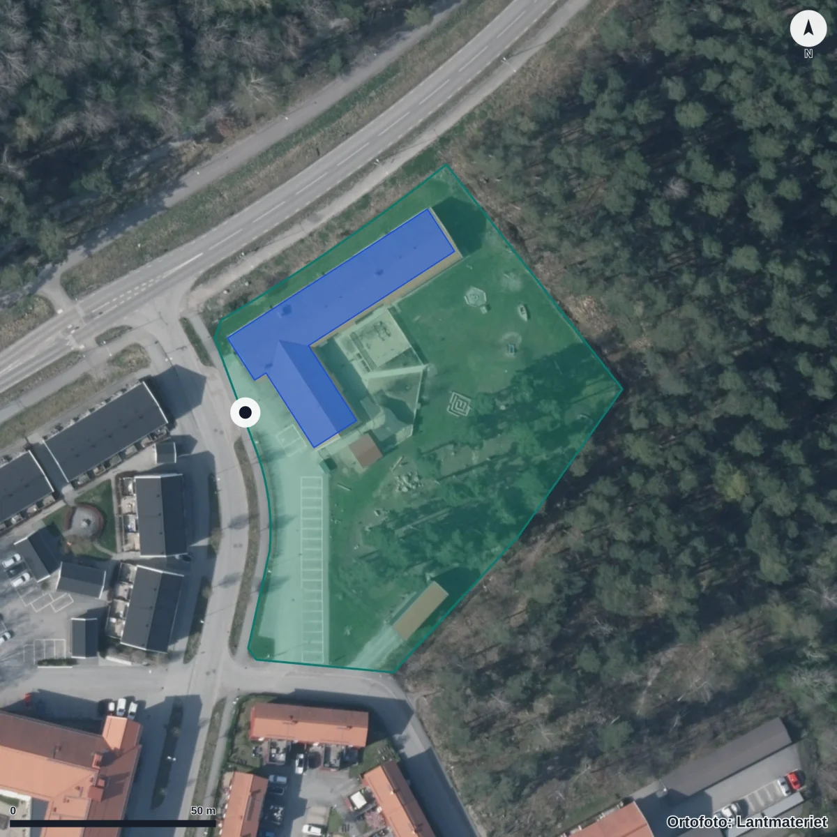 Flygbild över Dibber Kottebo Förskola, ortofoto från Lantmäteriet
