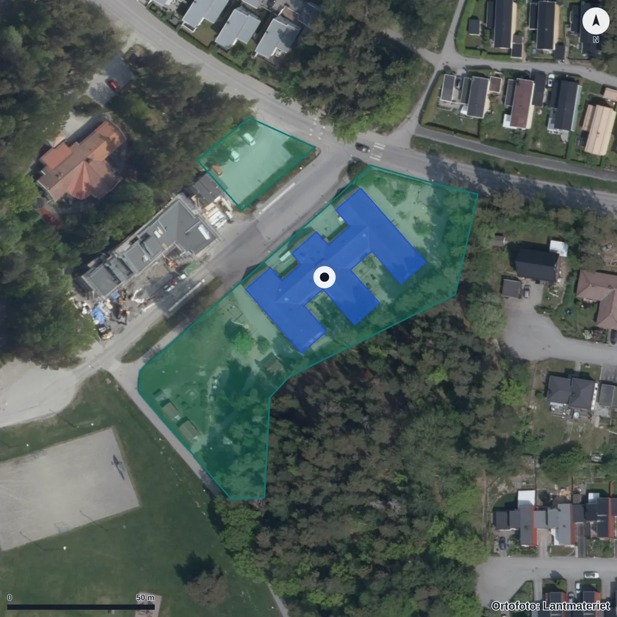Flygbild över Solbacka Förskola, ortofoto från Lantmäteriet