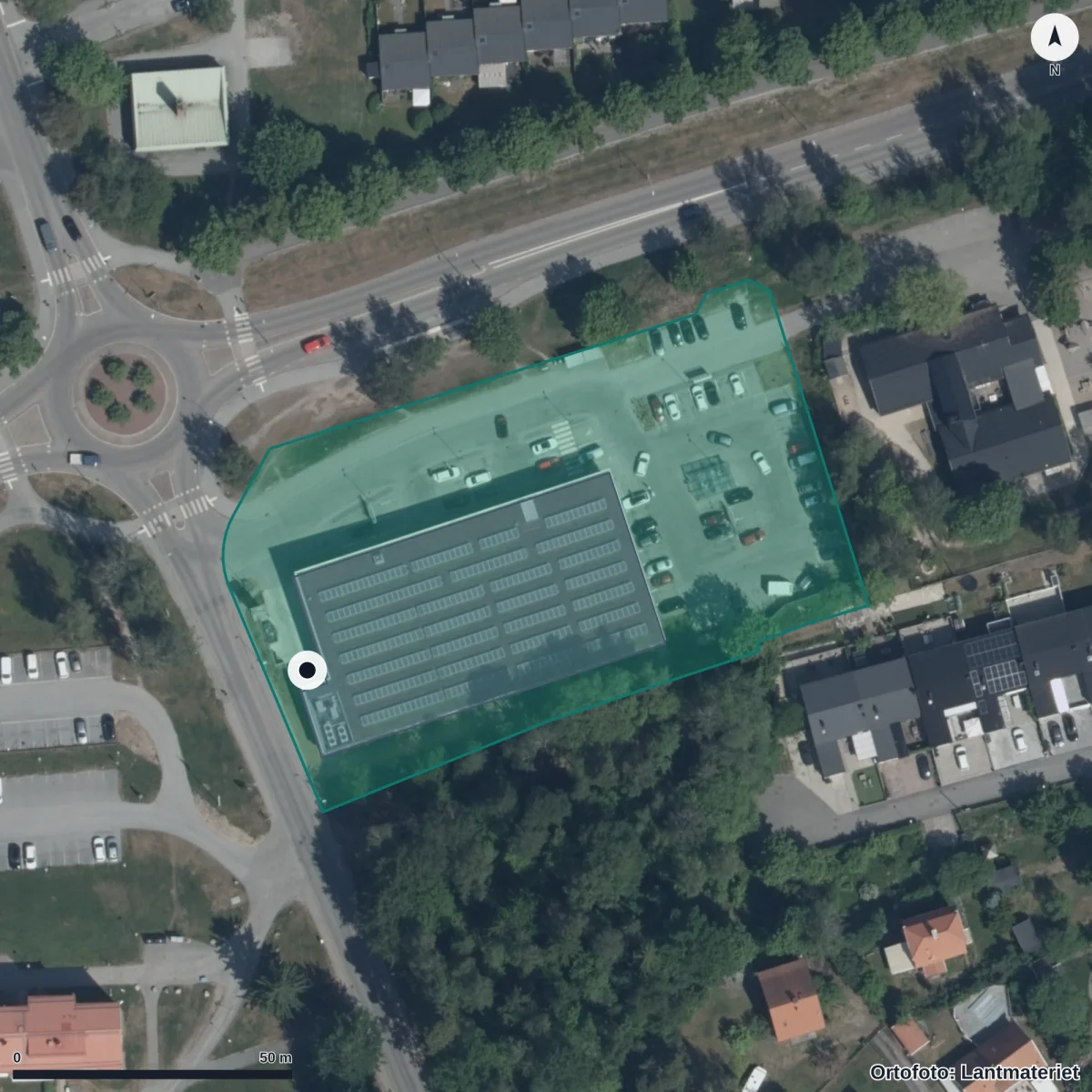 Flygbild över Blommans Förskola, ortofoto från Lantmäteriet