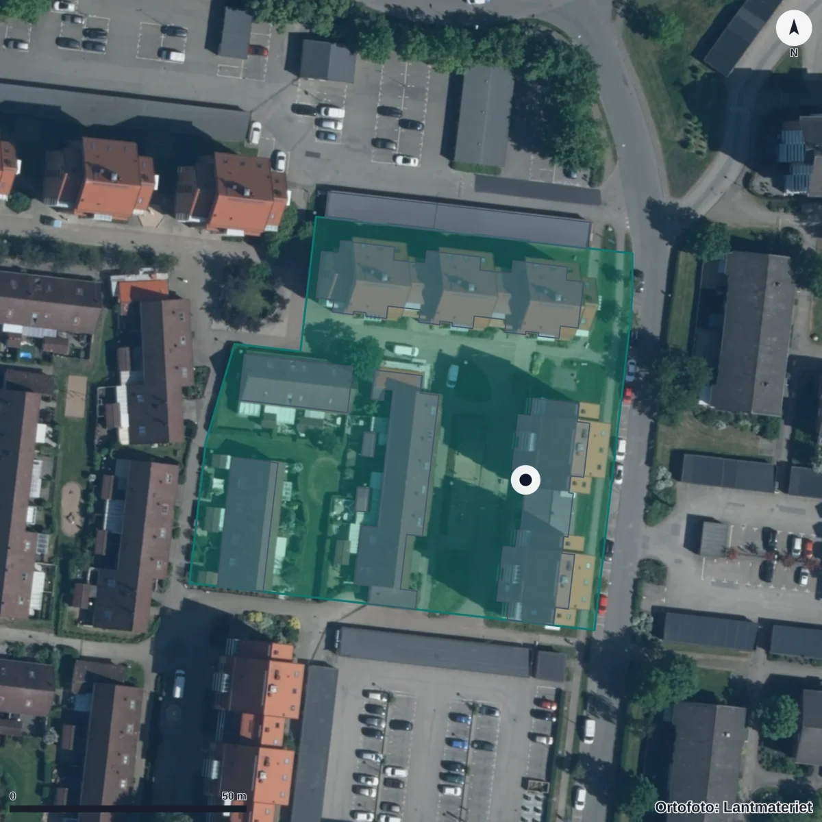 Flygbild över Regnbågens Förskola, ortofoto från Lantmäteriet