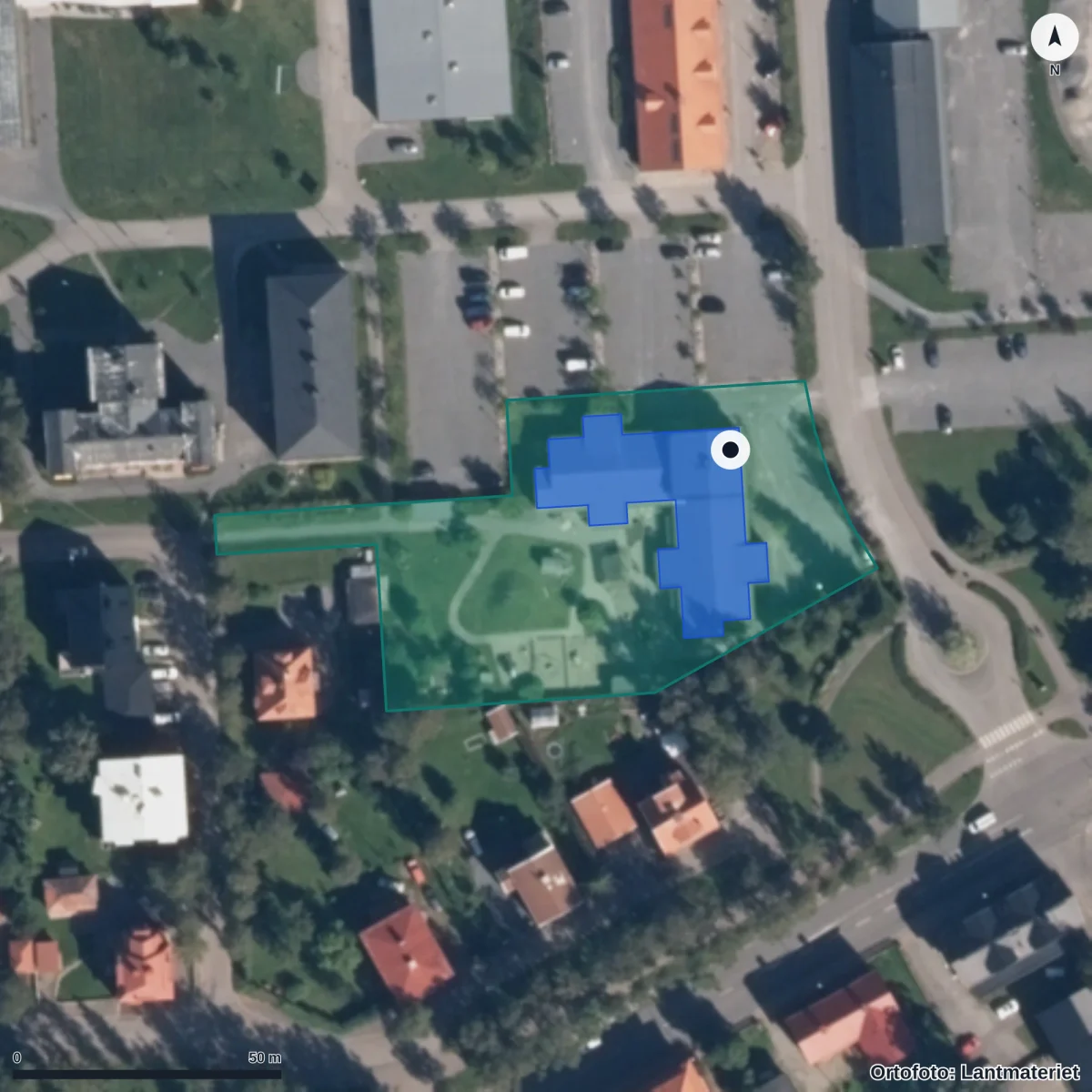Flygbild över Campus Förskola, ortofoto från Lantmäteriet