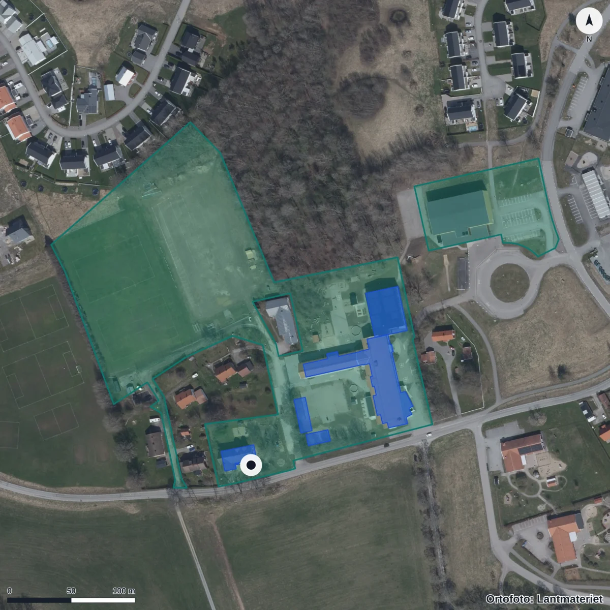 Flygbild över Förskolan Äppelgården, ortofoto från Lantmäteriet