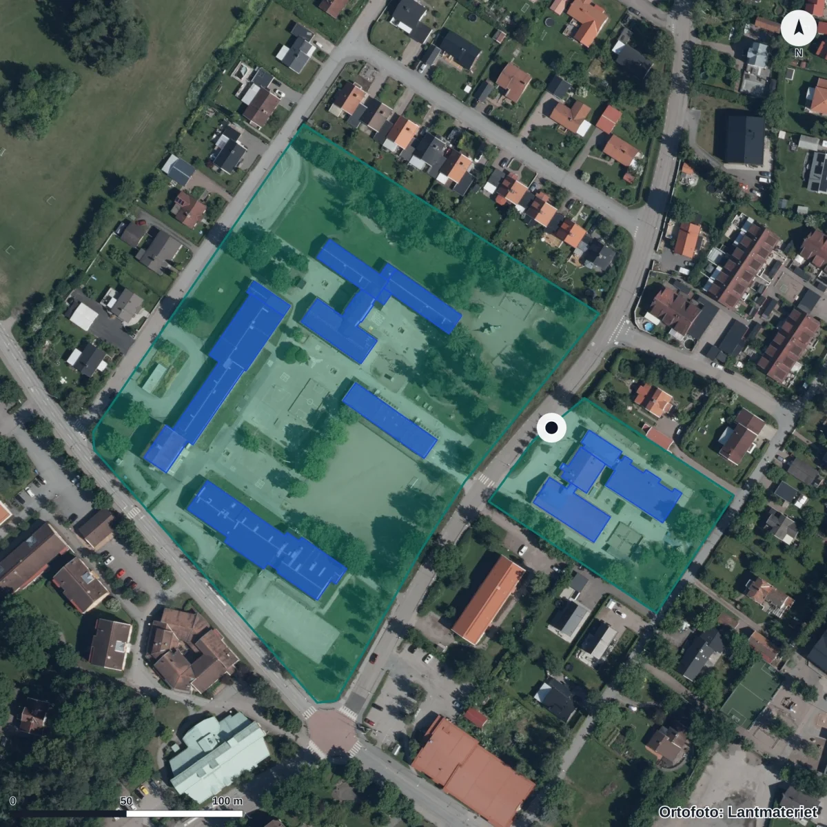 Flygbild över Vretens Förskola, ortofoto från Lantmäteriet