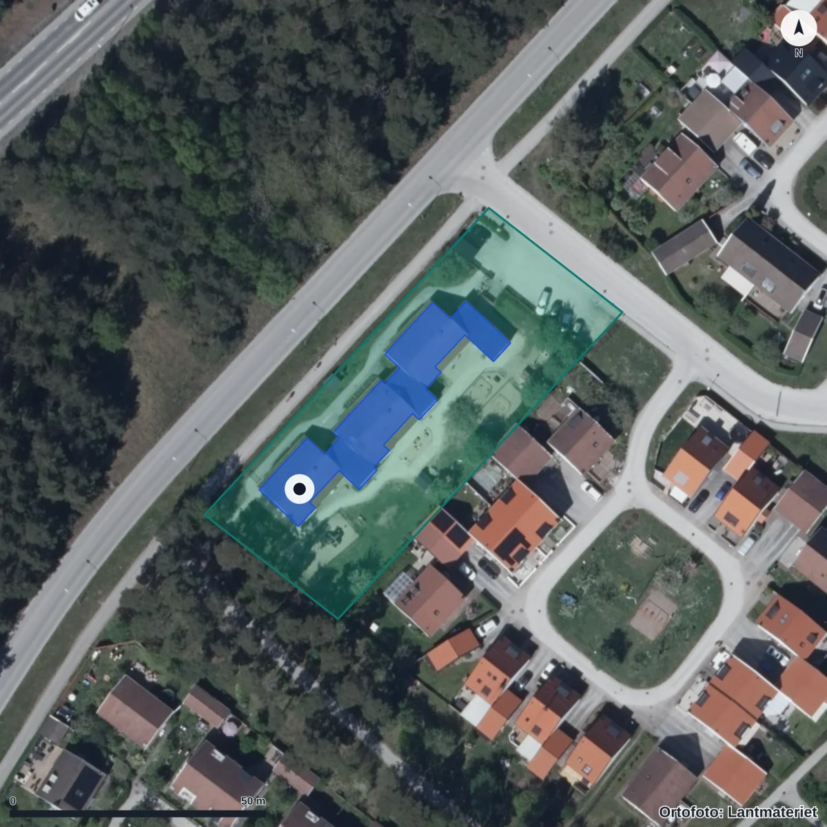 Flygbild över Skräddaren Förskola, ortofoto från Lantmäteriet