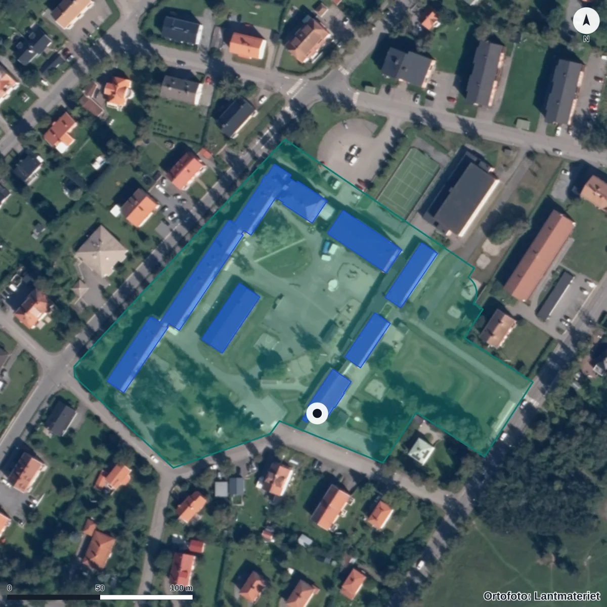 Flygbild över Östbergets Förskola, ortofoto från Lantmäteriet