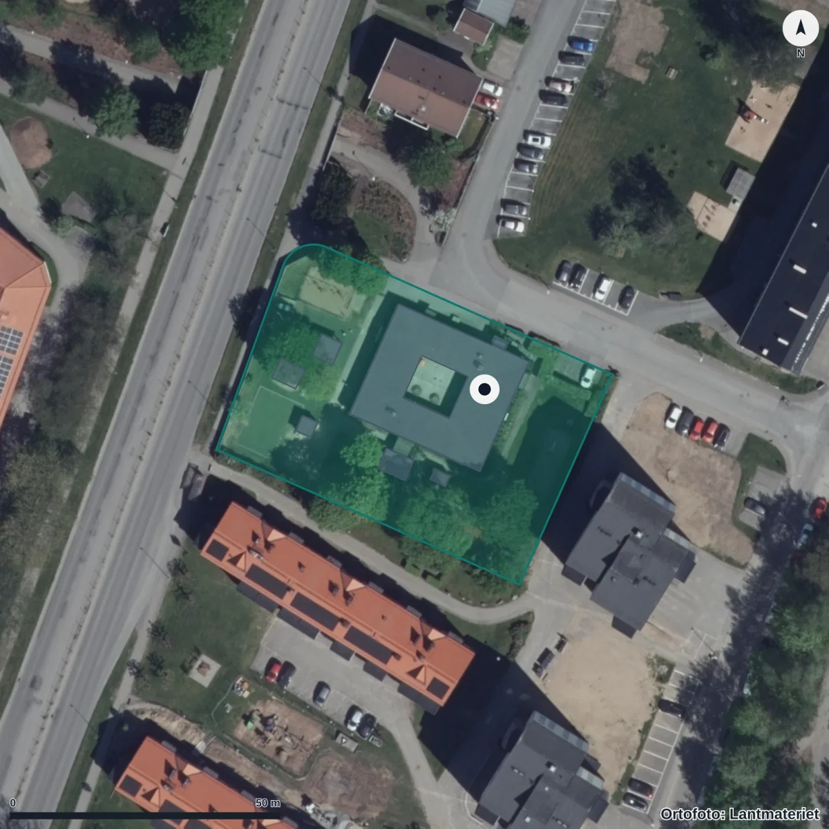 Flygbild över Sjöbogårdens Förskola, ortofoto från Lantmäteriet