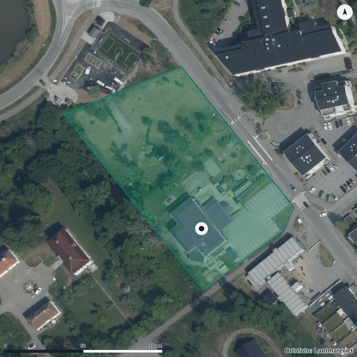 Flygbild över Glasberga Förskola Paviljongen, ortofoto från Lantmäteriet
