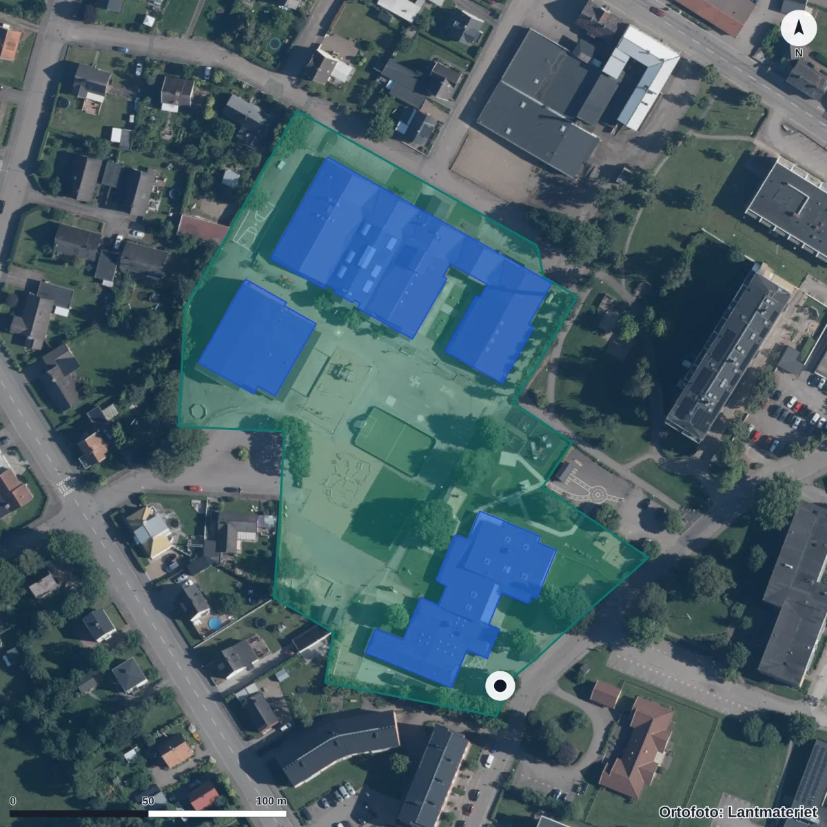 Flygbild över Förskolan Antilopen, ortofoto från Lantmäteriet