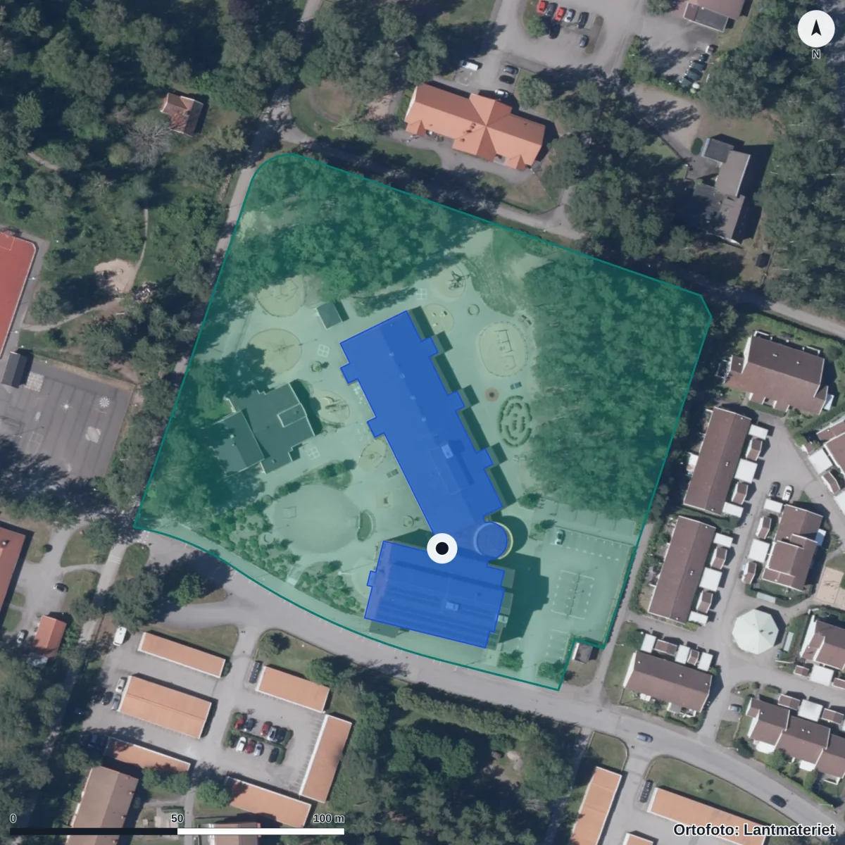 Flygbild över Torpa Förskola, ortofoto från Lantmäteriet