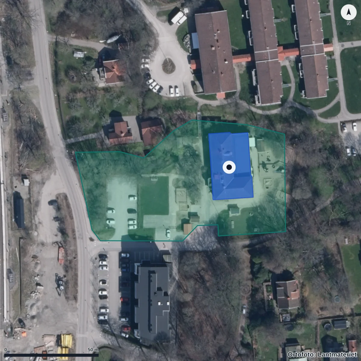 Flygbild över Strumpans Förskola, ortofoto från Lantmäteriet