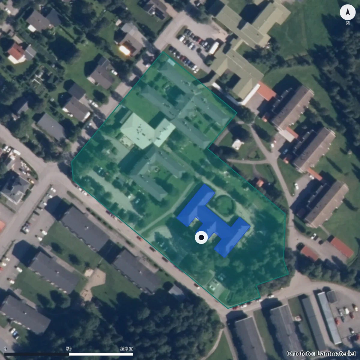 Flygbild över Miklagårds Förskola, ortofoto från Lantmäteriet