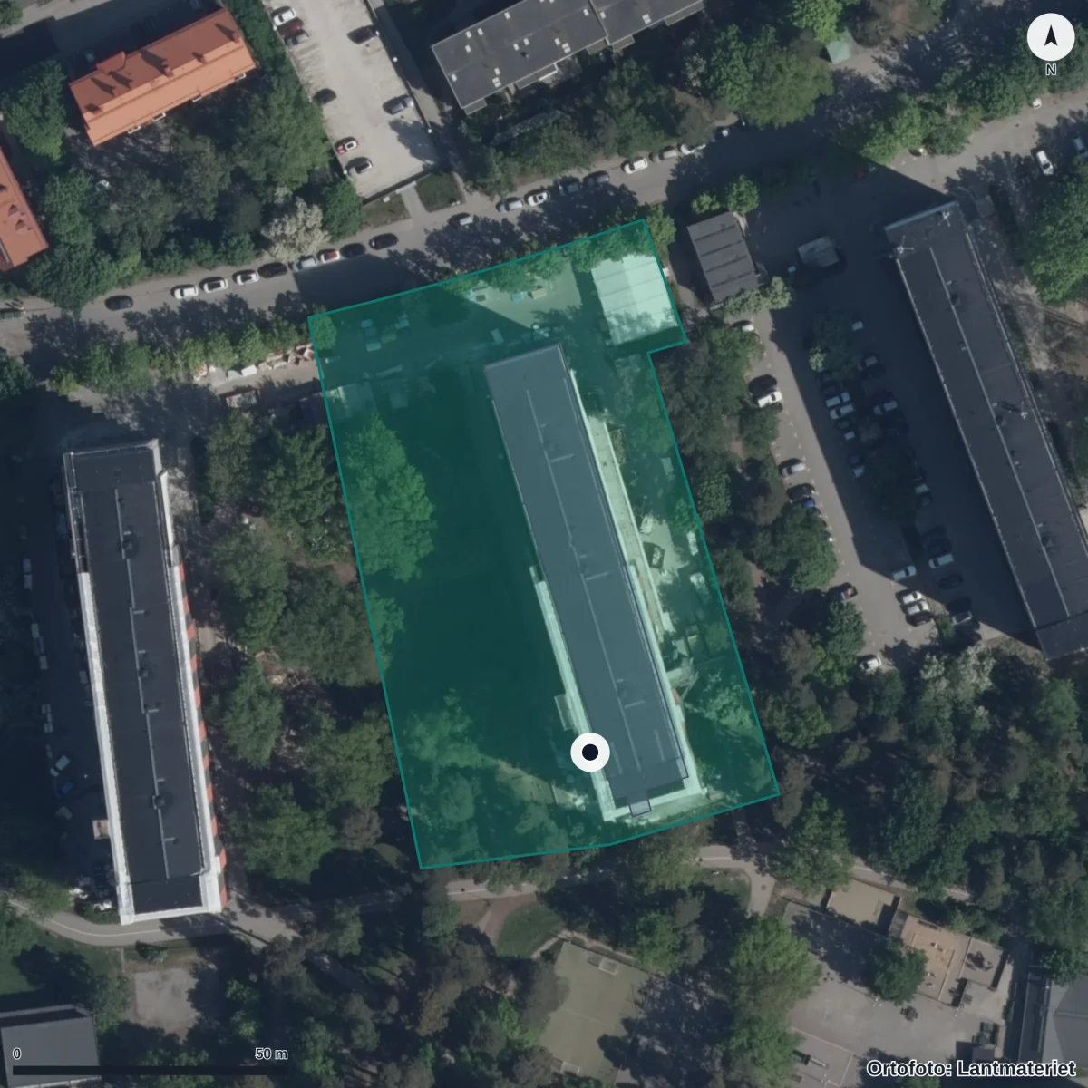 Flygbild över Västra Skogens Förskola, ortofoto från Lantmäteriet