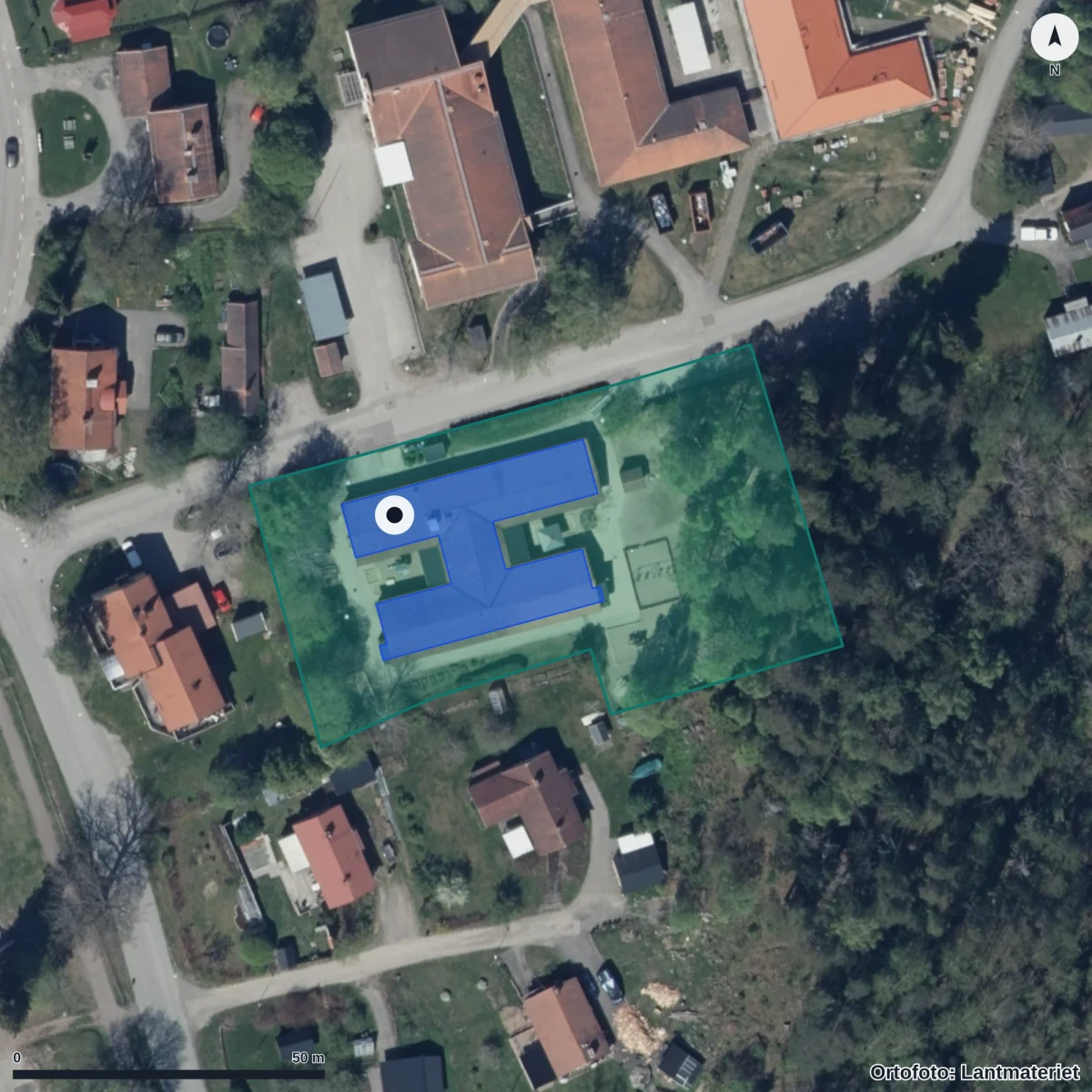 Flygbild över Solkattens Förskola, ortofoto från Lantmäteriet