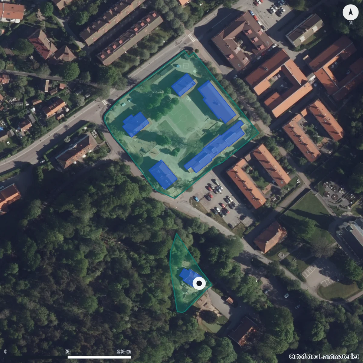 Flygbild över Jonsereds Förskola, ortofoto från Lantmäteriet