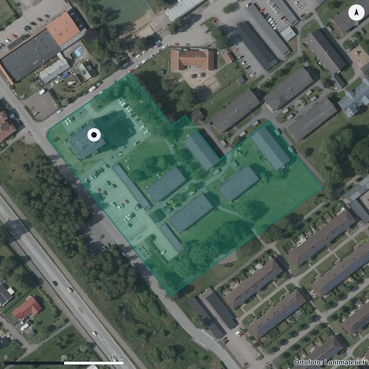 Flygbild över Ängens Förskola, ortofoto från Lantmäteriet
