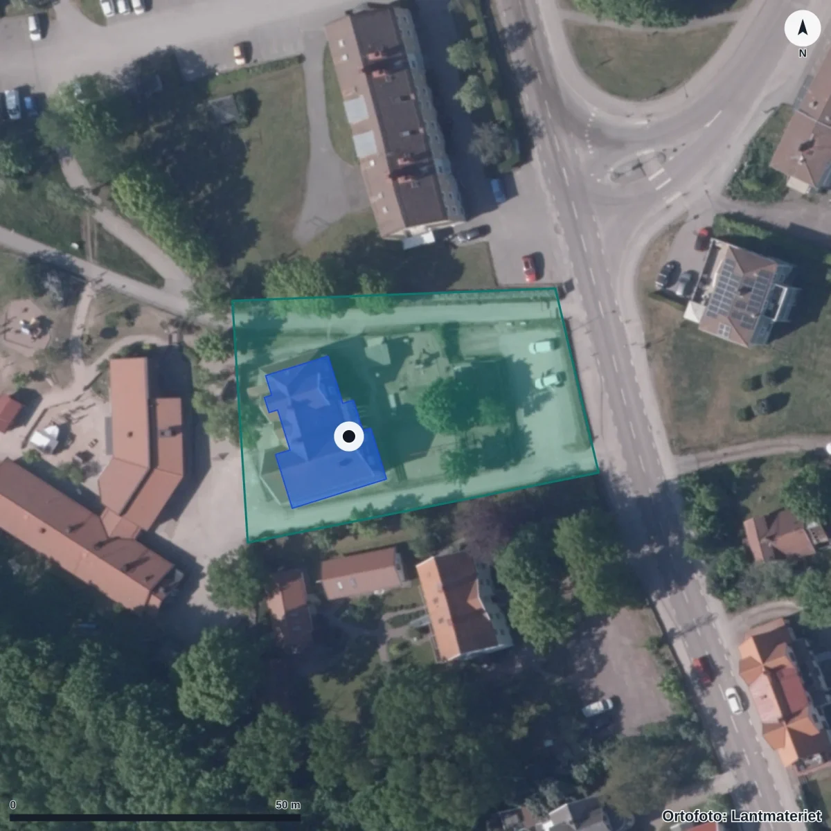 Flygbild över Förskolan Rockneby, ortofoto från Lantmäteriet
