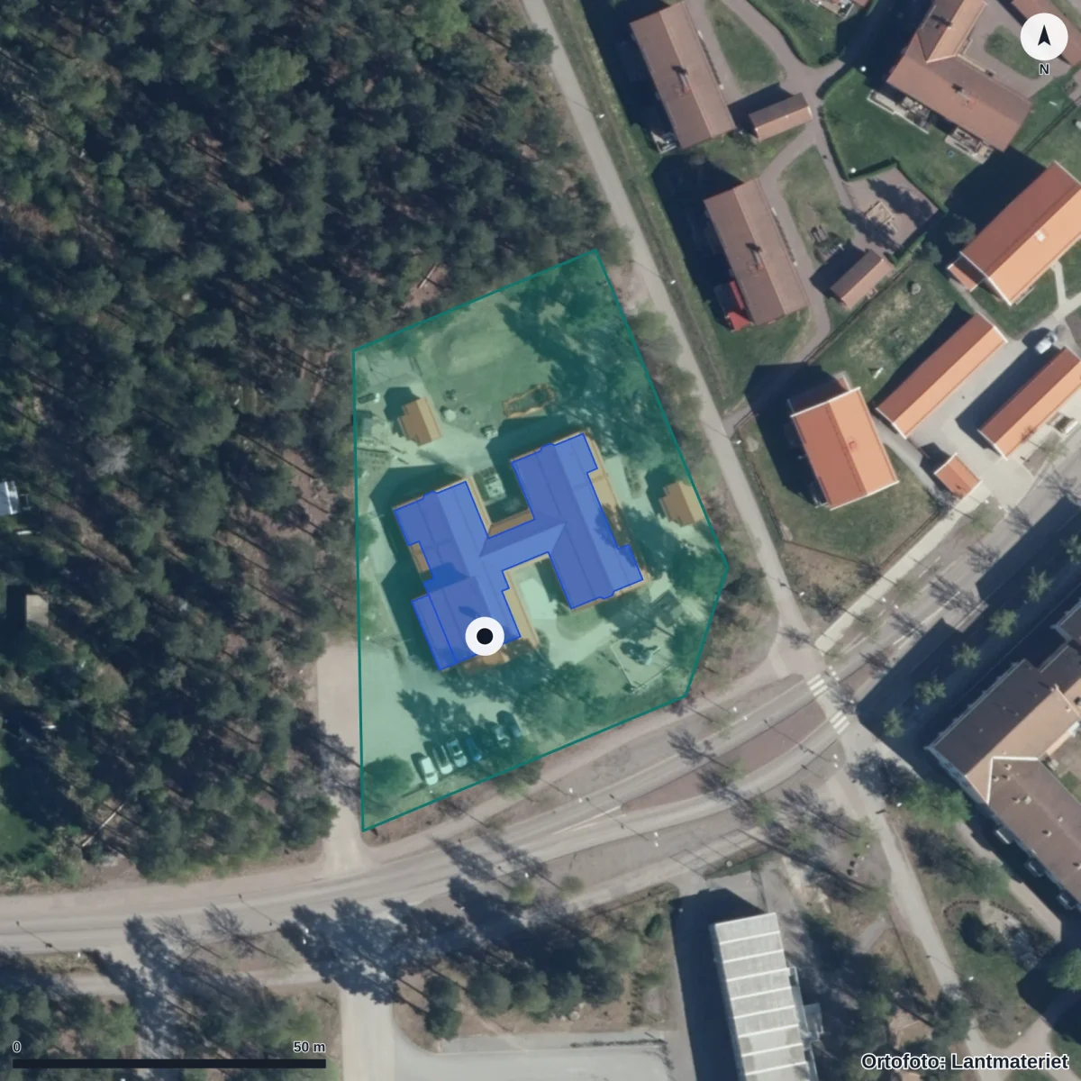 Flygbild över Förskolan Tingsvägen, ortofoto från Lantmäteriet