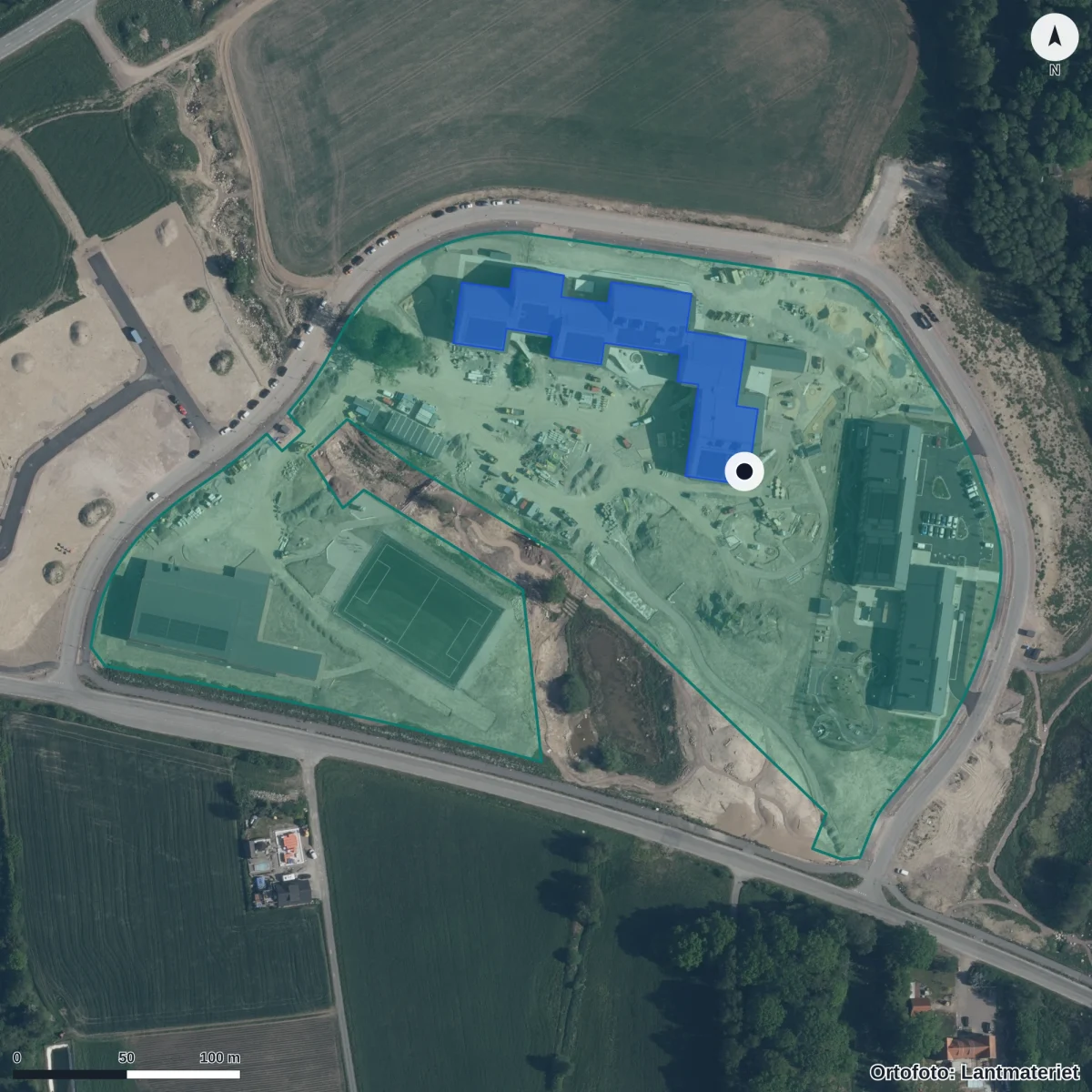 Flygbild över Maglehills Förskola, ortofoto från Lantmäteriet