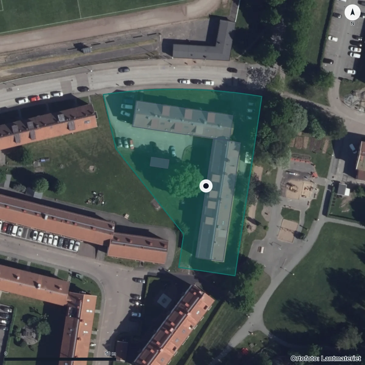 Flygbild över Lars Kaggsgatan 35 Förskola, ortofoto från Lantmäteriet