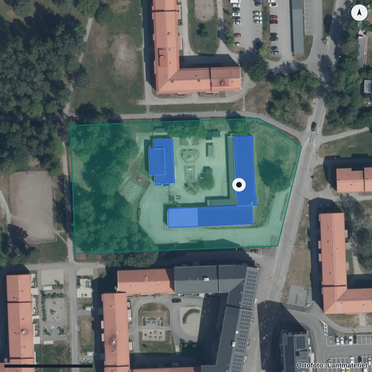 Flygbild över Brolunda Förskola, ortofoto från Lantmäteriet
