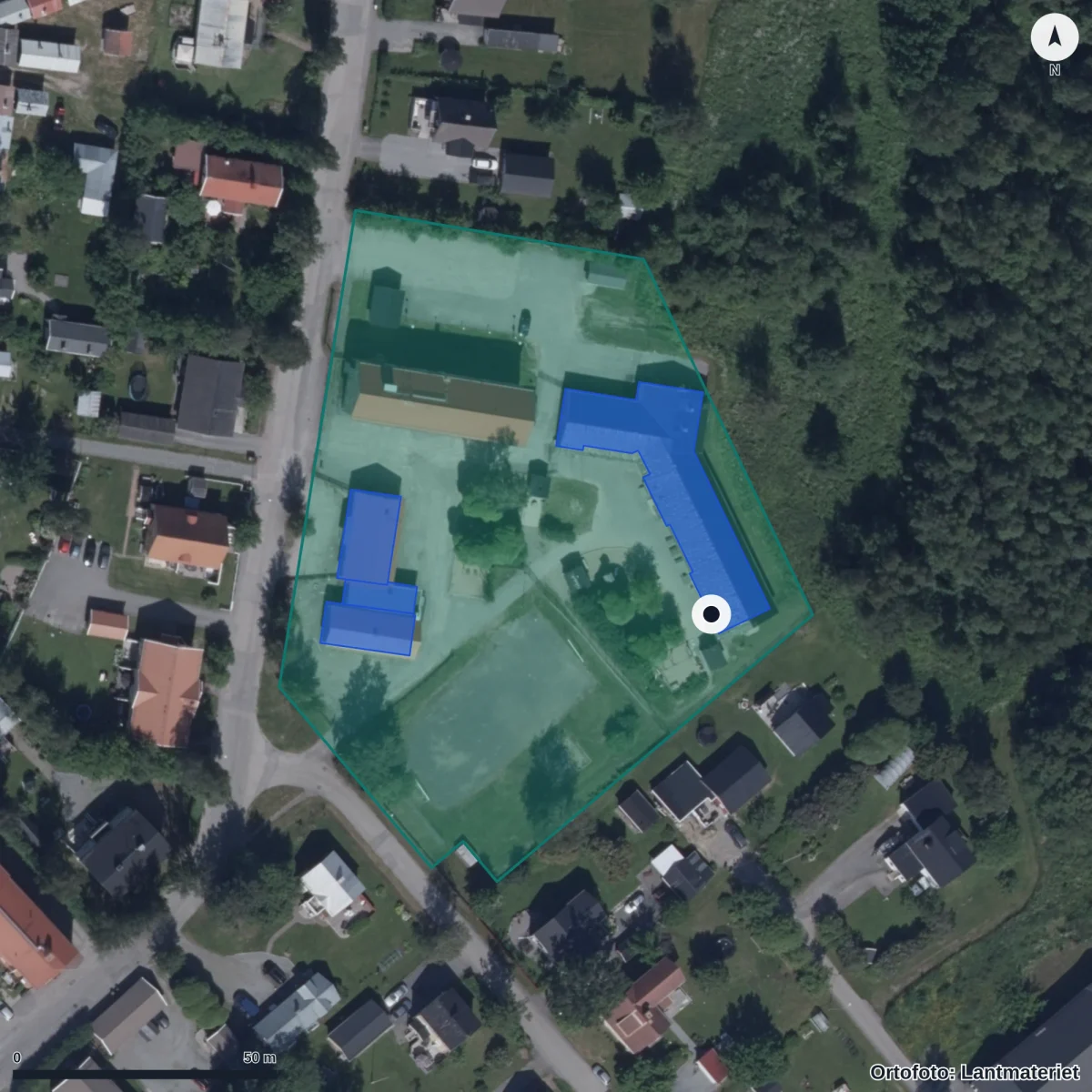 Flygbild över Kyrkbyns Förskola, ortofoto från Lantmäteriet