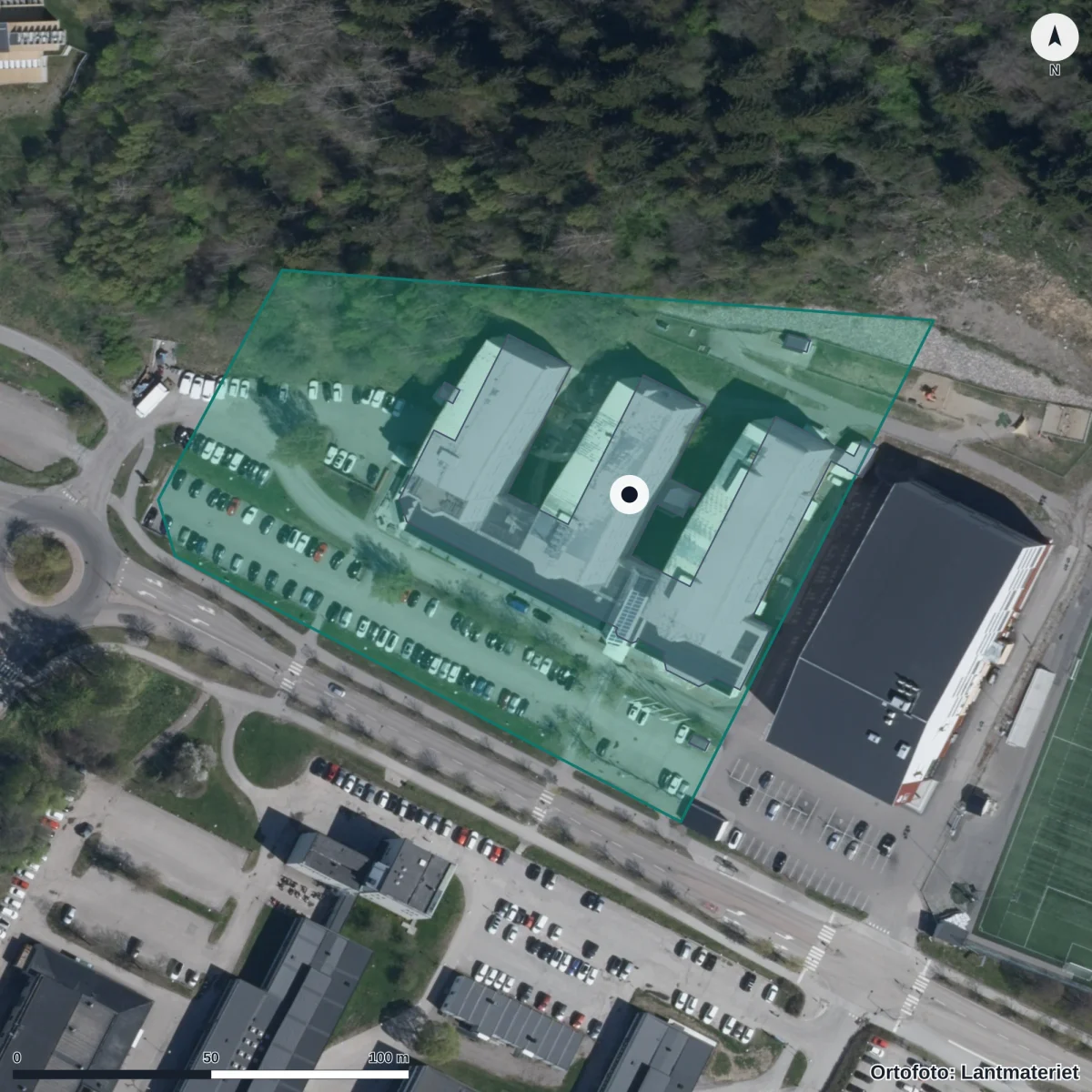 Flygbild över Metropols Förskola, ortofoto från Lantmäteriet