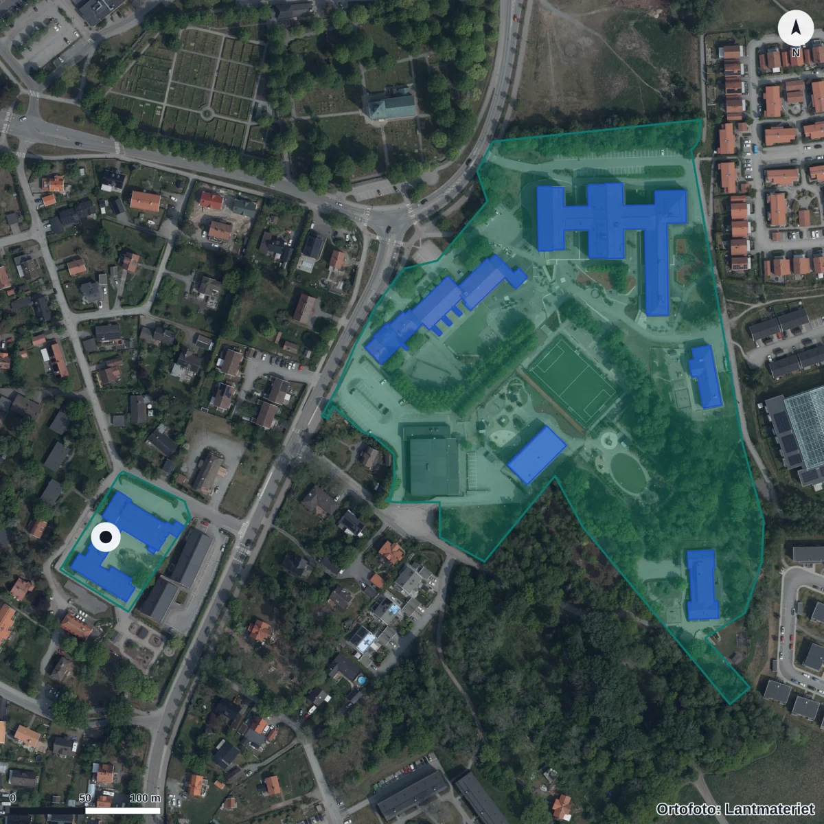 Flygbild över Ribby Förskola, ortofoto från Lantmäteriet