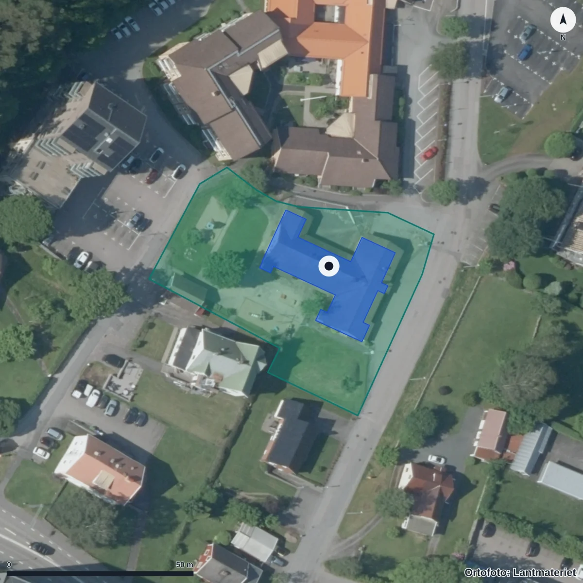 Flygbild över Ullareds Förskola, ortofoto från Lantmäteriet