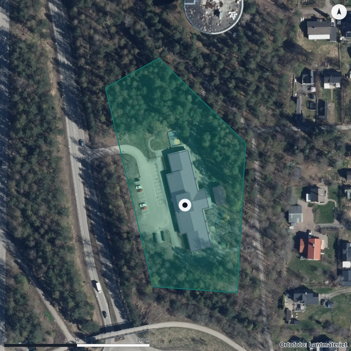 Flygbild över Solgårdens Förskola, ortofoto från Lantmäteriet