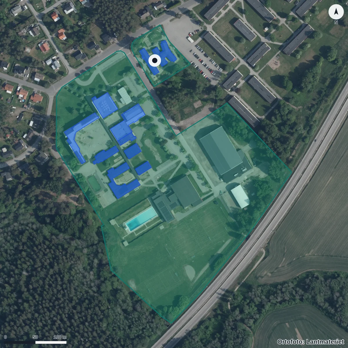 Flygbild över Sofiedalsgårdens Förskola, ortofoto från Lantmäteriet