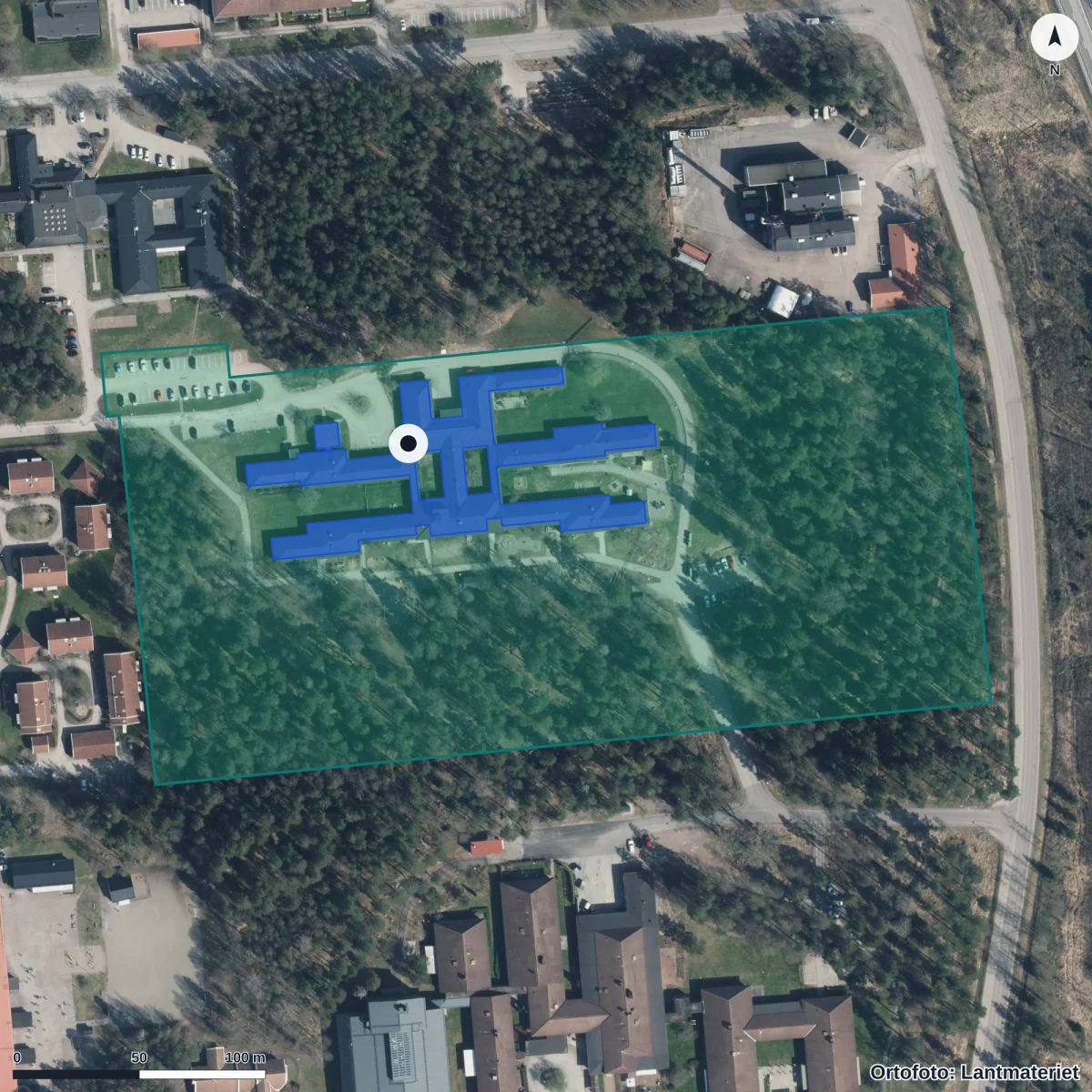 Flygbild över Ängsgården, ortofoto från Lantmäteriet