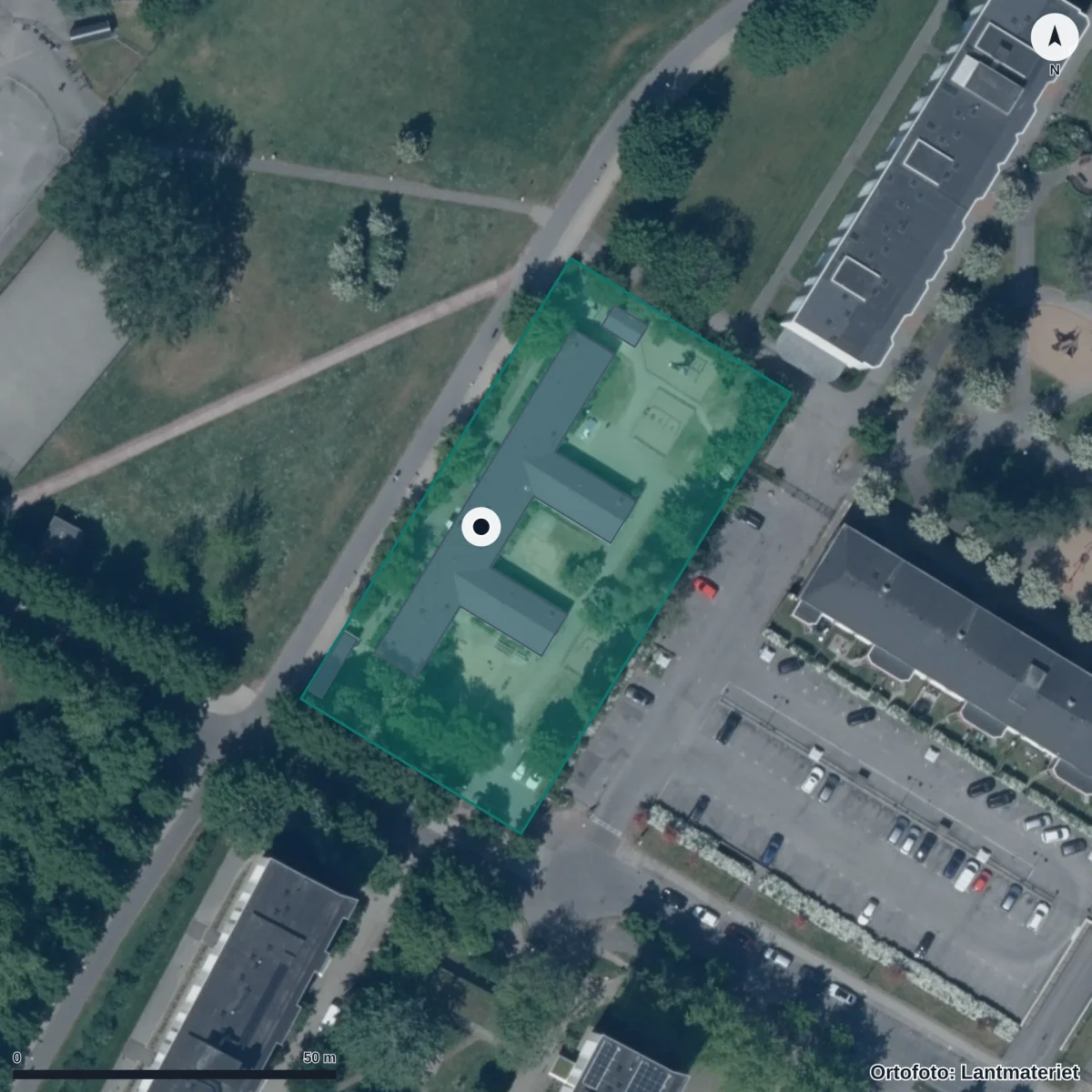 Flygbild över Ulricedals Förskola, ortofoto från Lantmäteriet