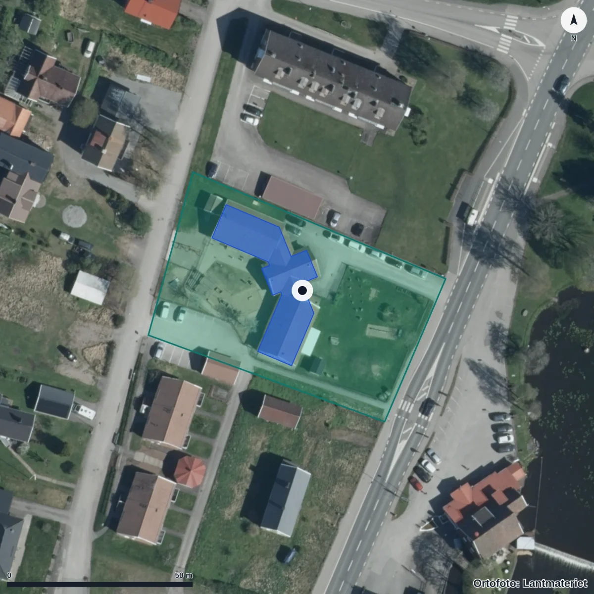 Flygbild över Pastellens Förskola, ortofoto från Lantmäteriet