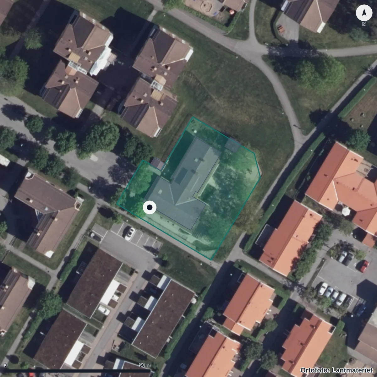 Flygbild över Nävervägens Förskola, ortofoto från Lantmäteriet
