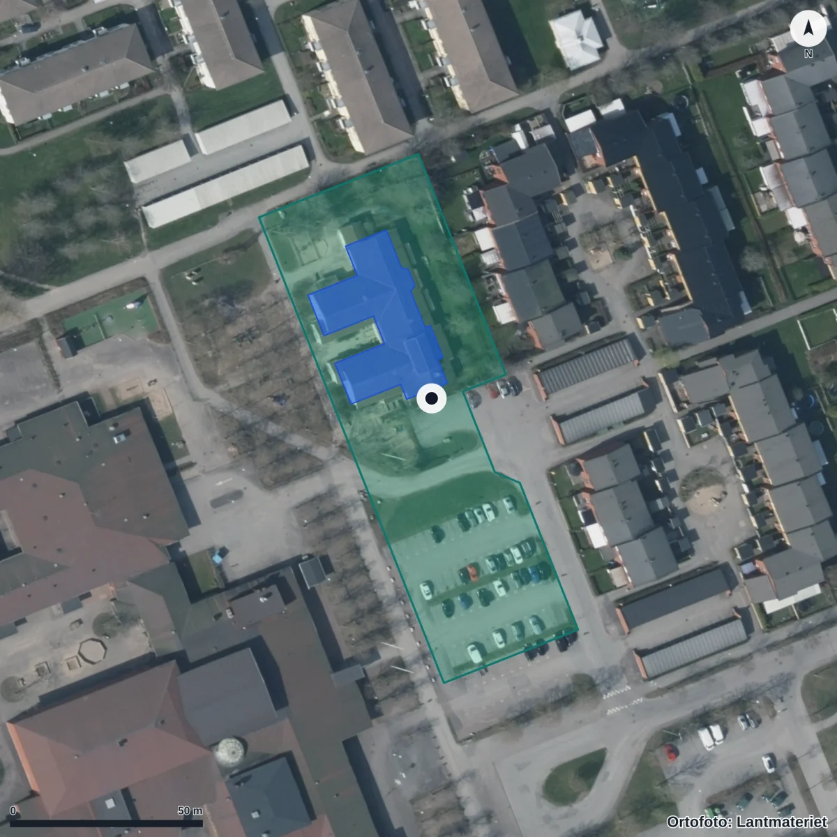 Flygbild över Smedens Förskola, ortofoto från Lantmäteriet
