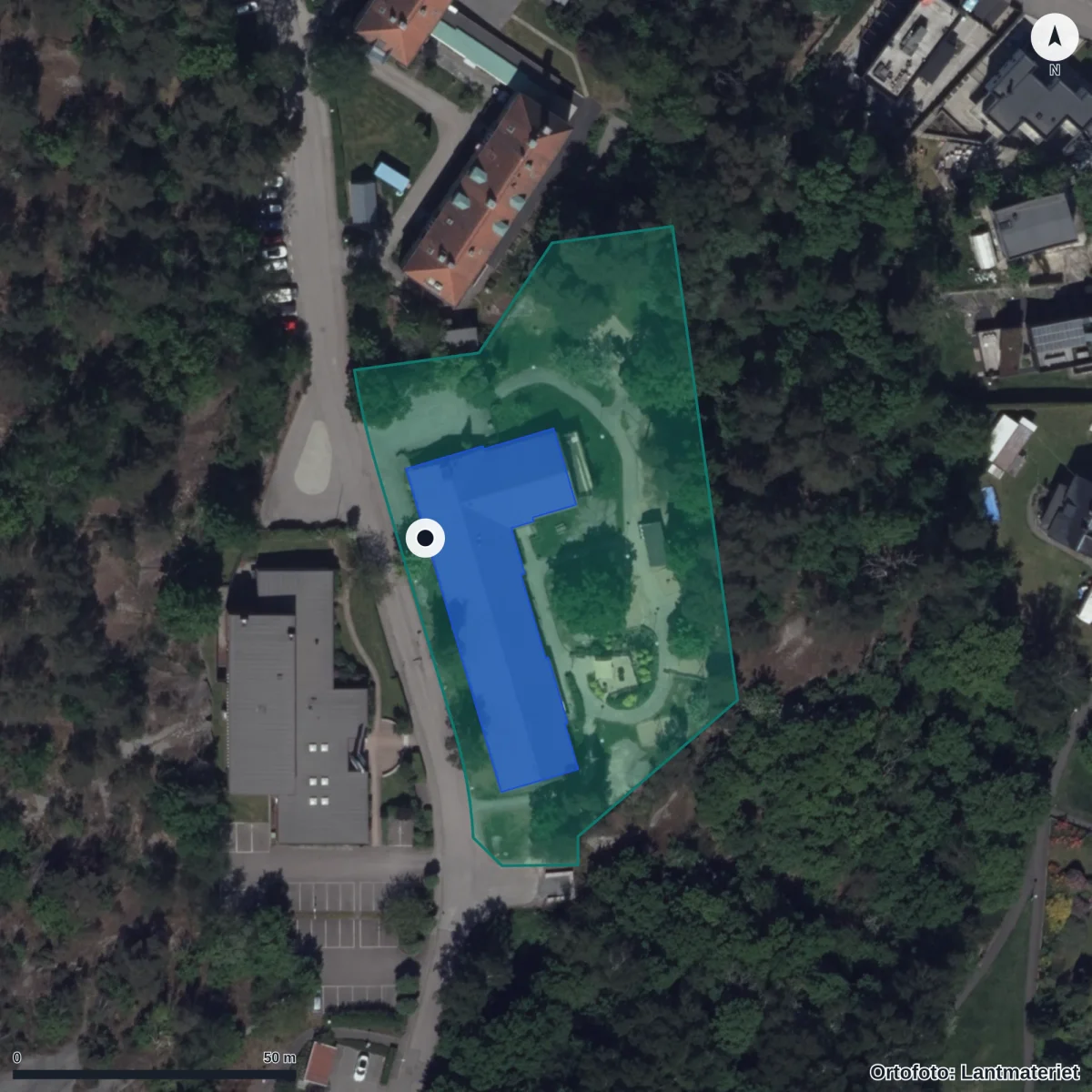 Flygbild över Gnistgatan 3 Förskola, ortofoto från Lantmäteriet