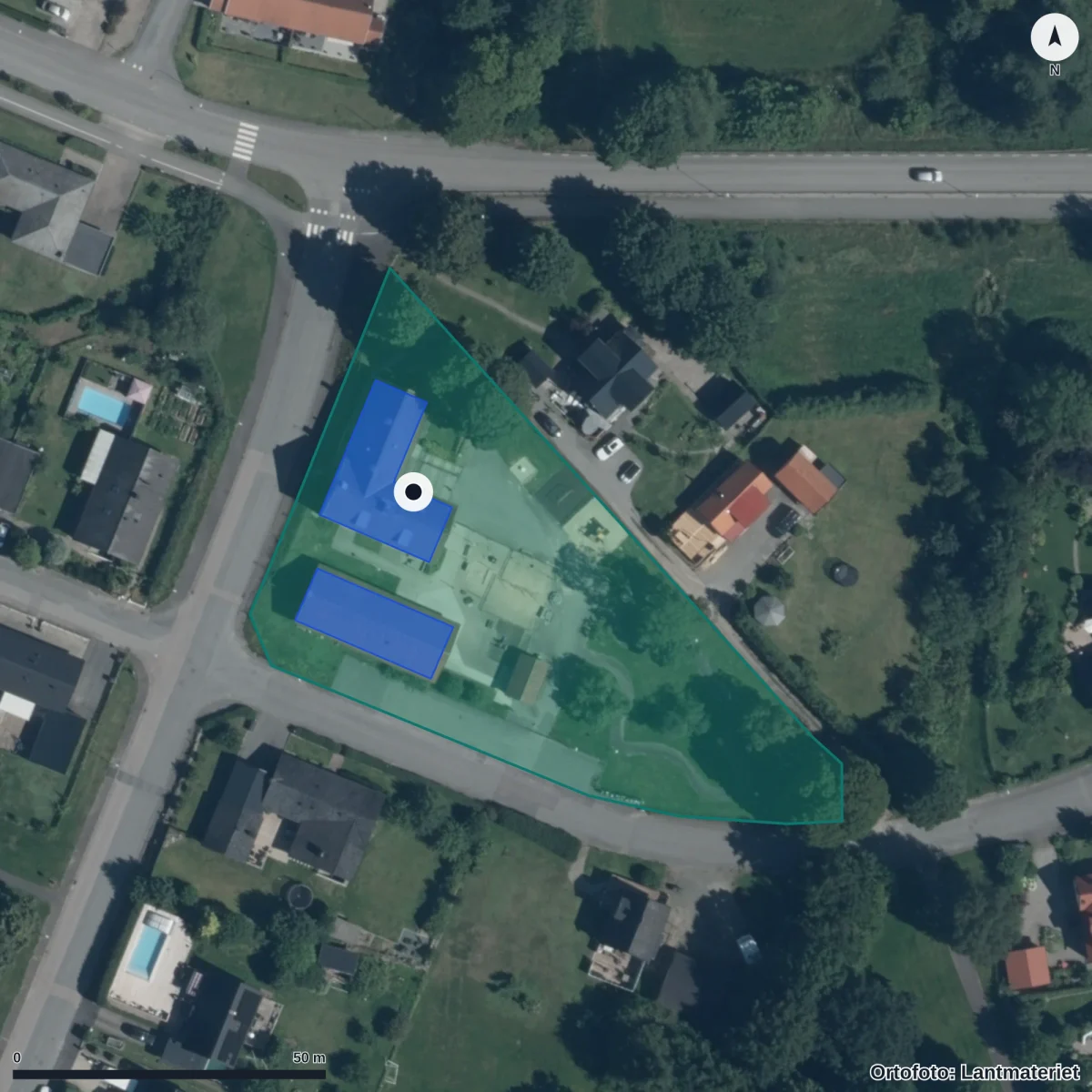 Flygbild över Noten Musikförskola, ortofoto från Lantmäteriet