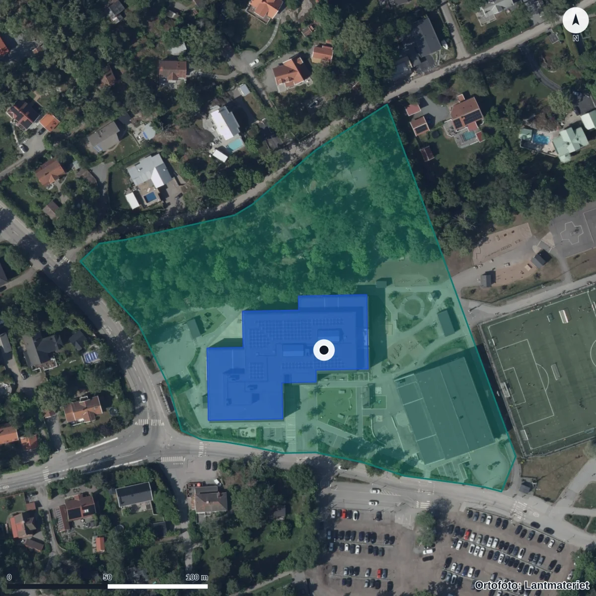 Flygbild över Boo Gårds Förskola, ortofoto från Lantmäteriet