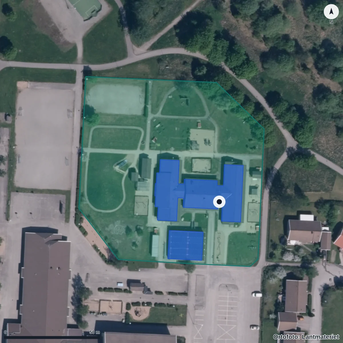 Flygbild över Skerrud Förskola, ortofoto från Lantmäteriet