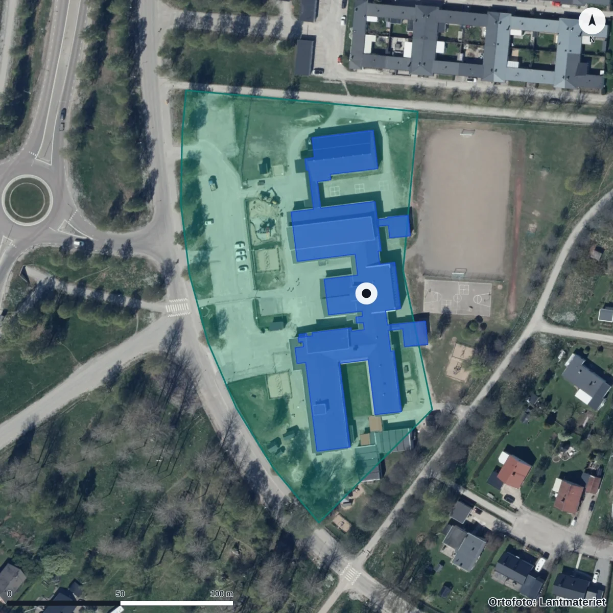 Flygbild över Sandvalla Förskola, ortofoto från Lantmäteriet