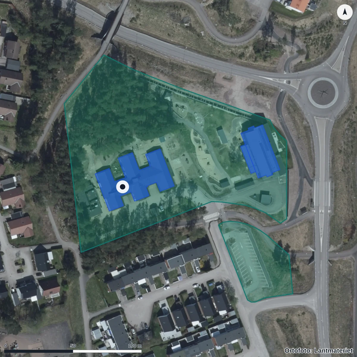 Flygbild över Stockfallets Förskola, ortofoto från Lantmäteriet