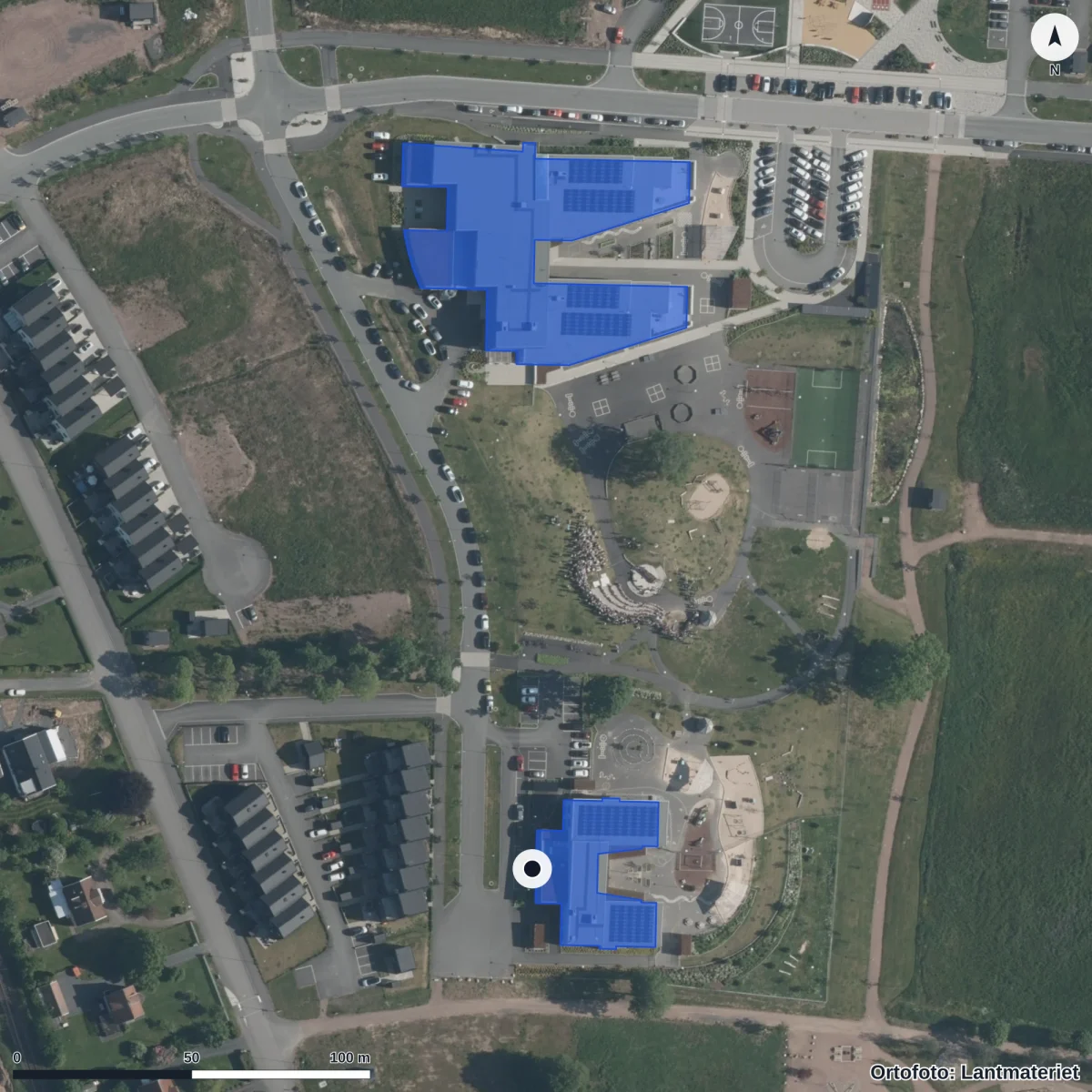 Flygbild över Ellensborg Förskola, ortofoto från Lantmäteriet
