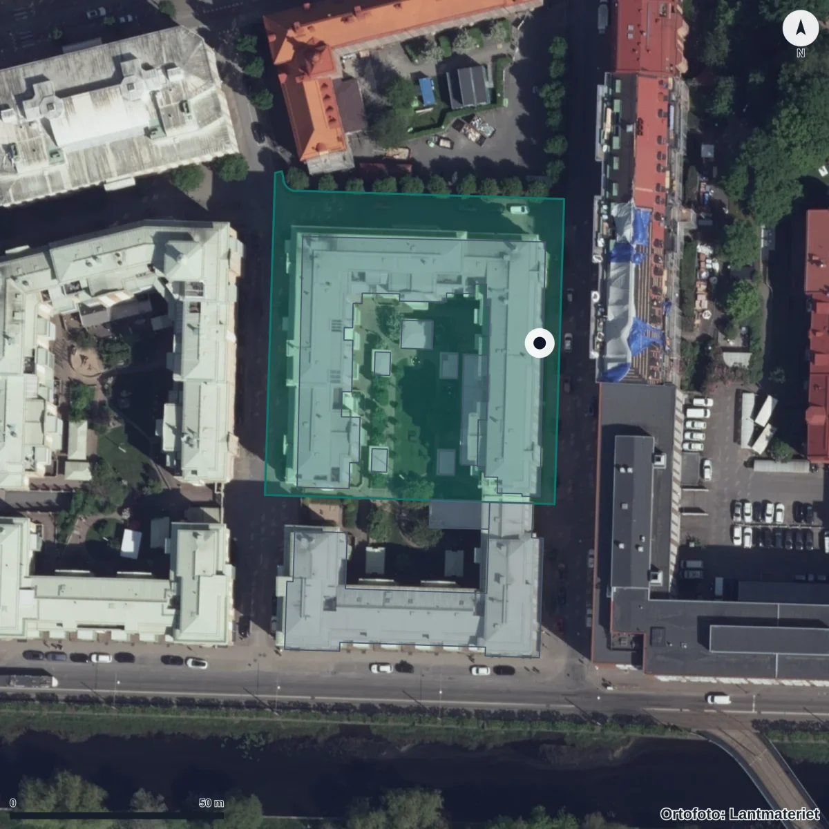 Flygbild över Färgaregatan 7 Förskola, ortofoto från Lantmäteriet