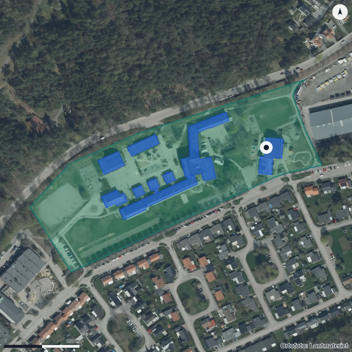 Flygbild över Korsängens Förskola, ortofoto från Lantmäteriet