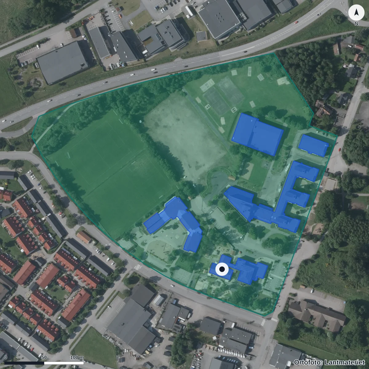 Flygbild över Tångalyckans Förskola, ortofoto från Lantmäteriet