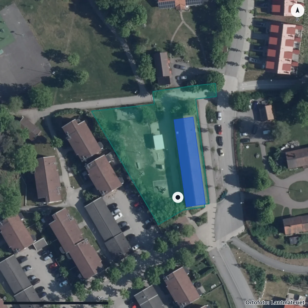 Flygbild över Stallets Förskola, ortofoto från Lantmäteriet