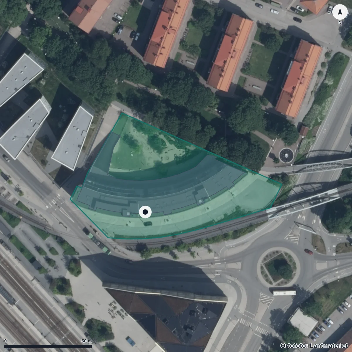 Flygbild över Frodeparkens Förskola, ortofoto från Lantmäteriet