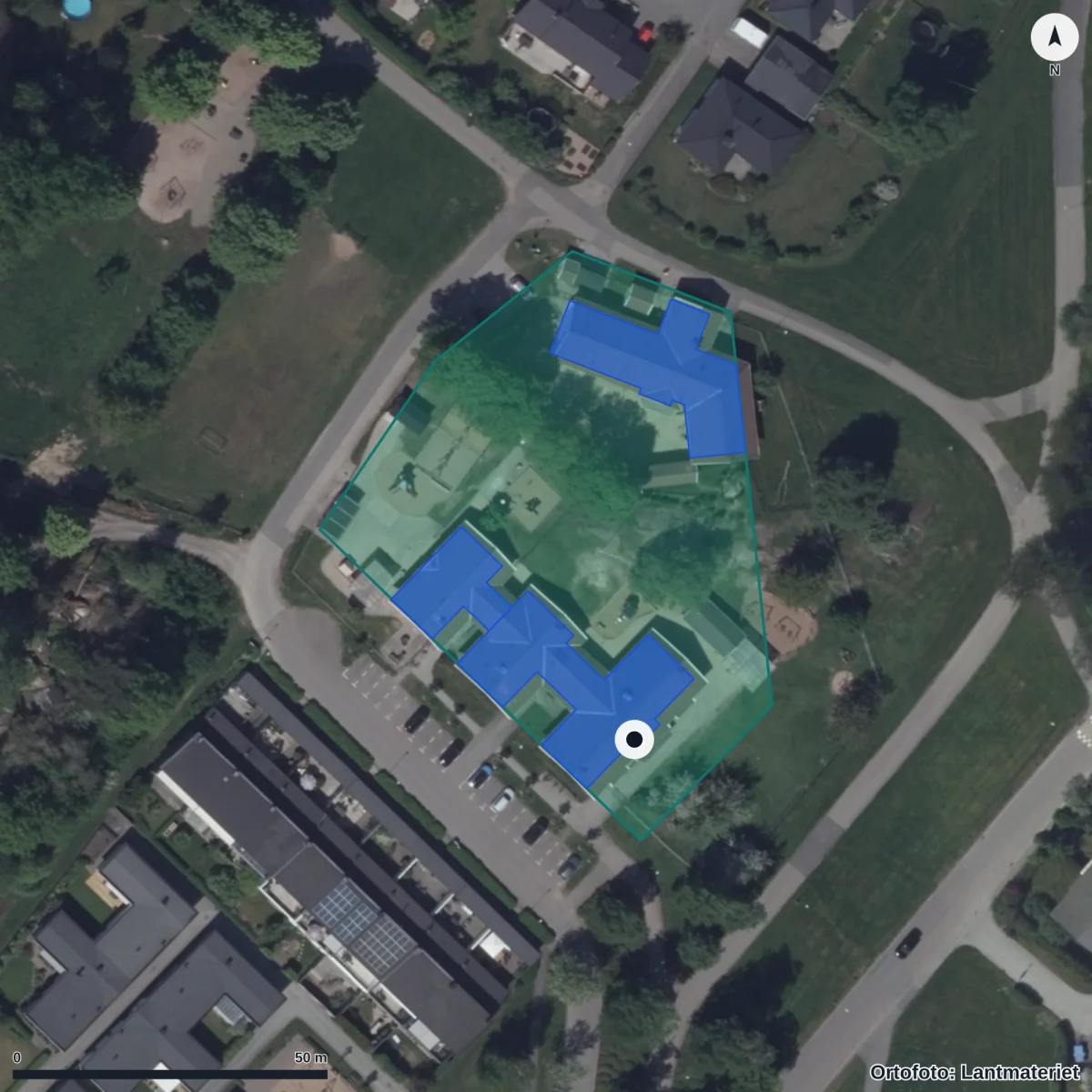 Flygbild över Tegelslagarens Förskola, ortofoto från Lantmäteriet