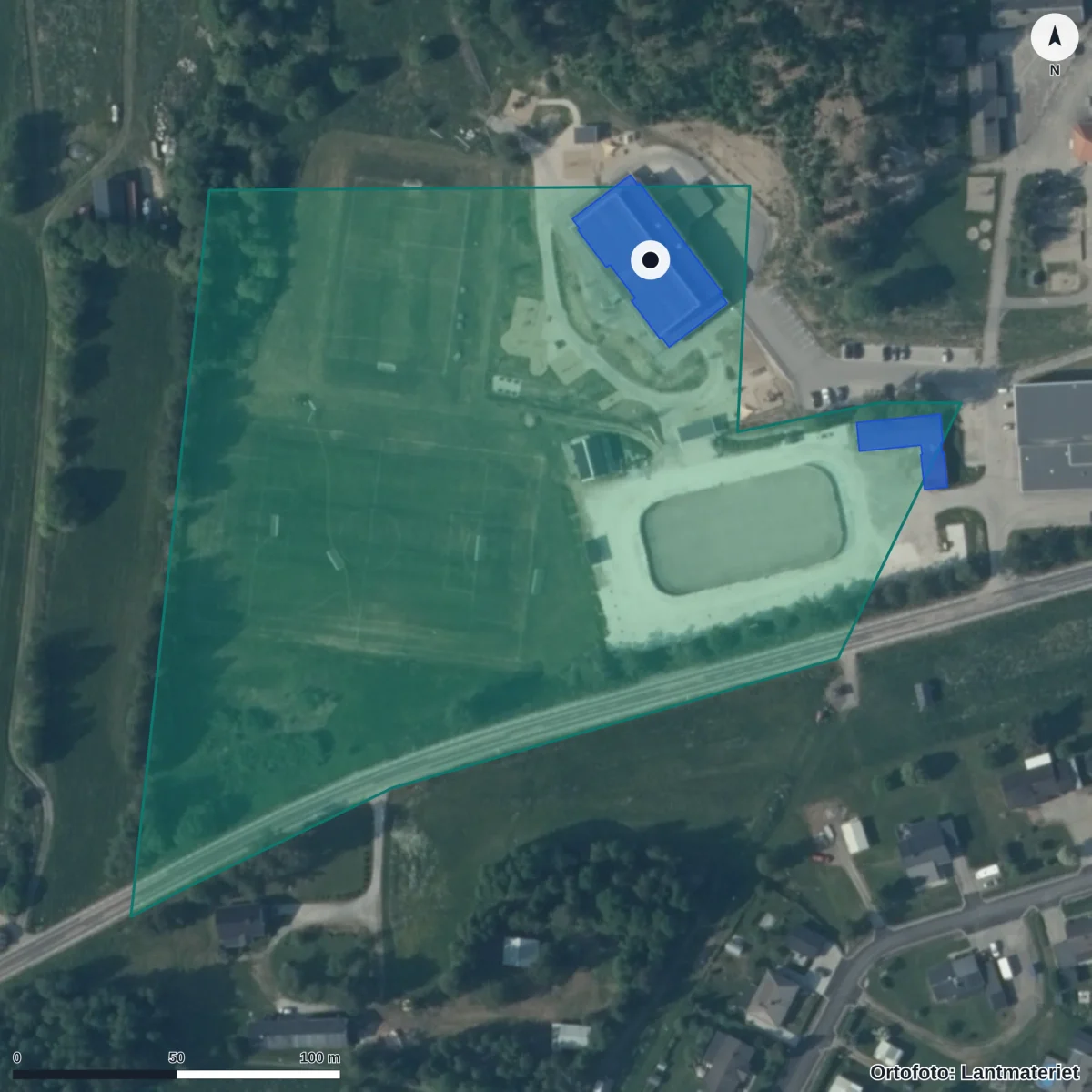 Flygbild över Stöde Förskola, ortofoto från Lantmäteriet