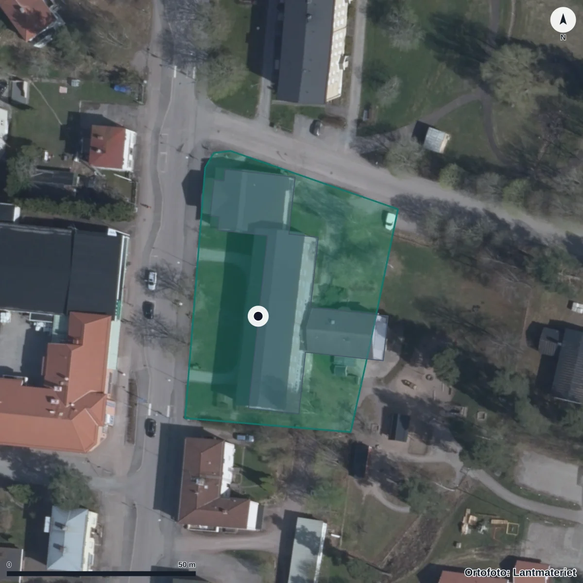 Flygbild över Centrala Förskolan, ortofoto från Lantmäteriet